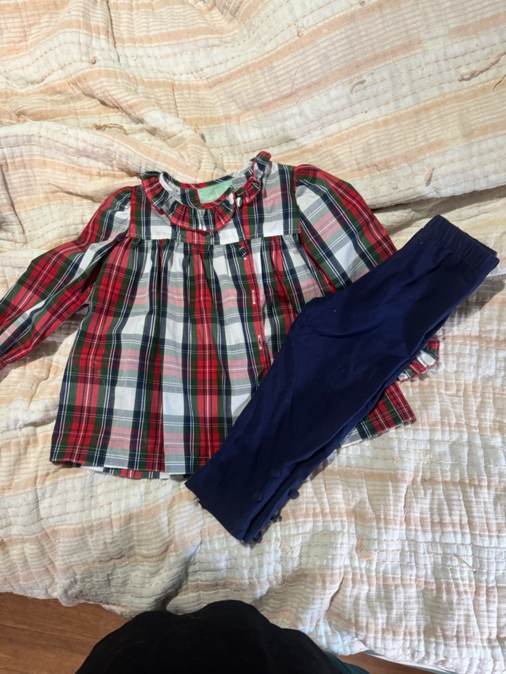 Sage & Lily Toddler Plaid Ruffle Neck Top with Navy Leggings